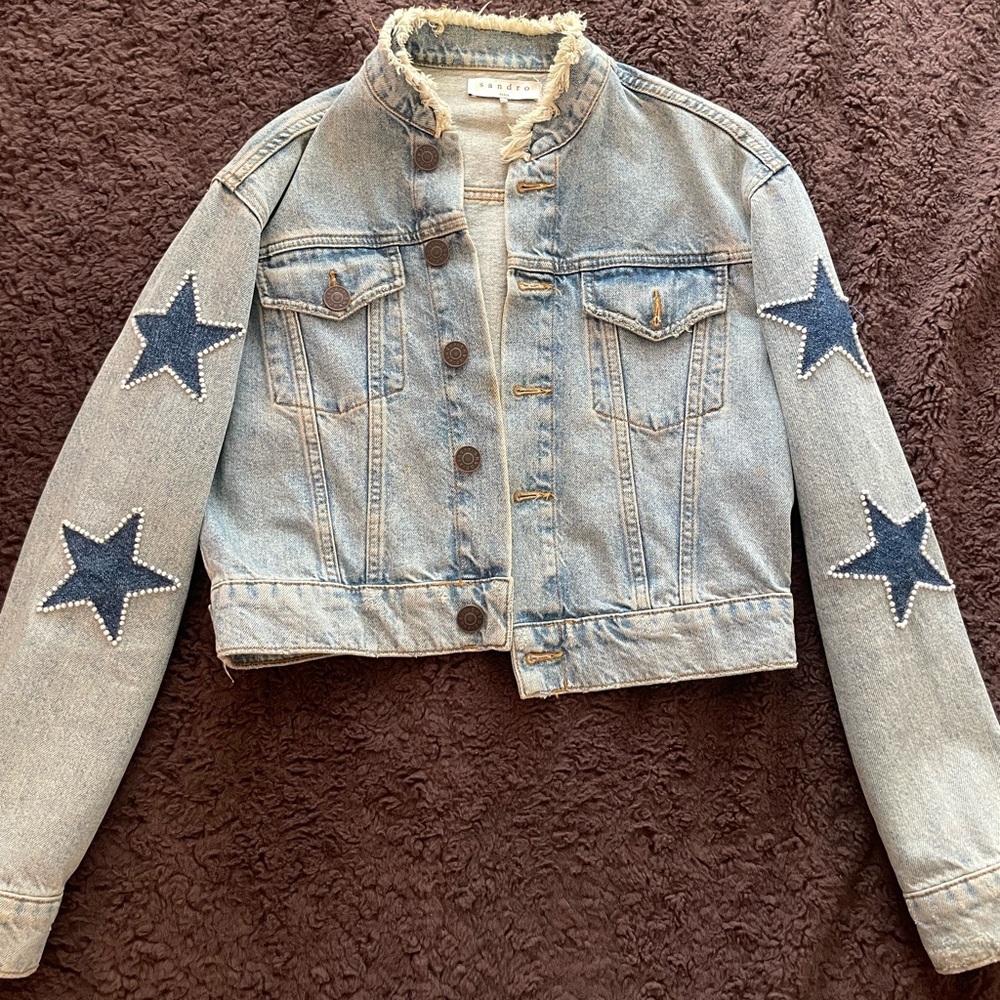 Sandro Liverpool Embellished Star Patch Denim Jacket - Picture 3 of 7
